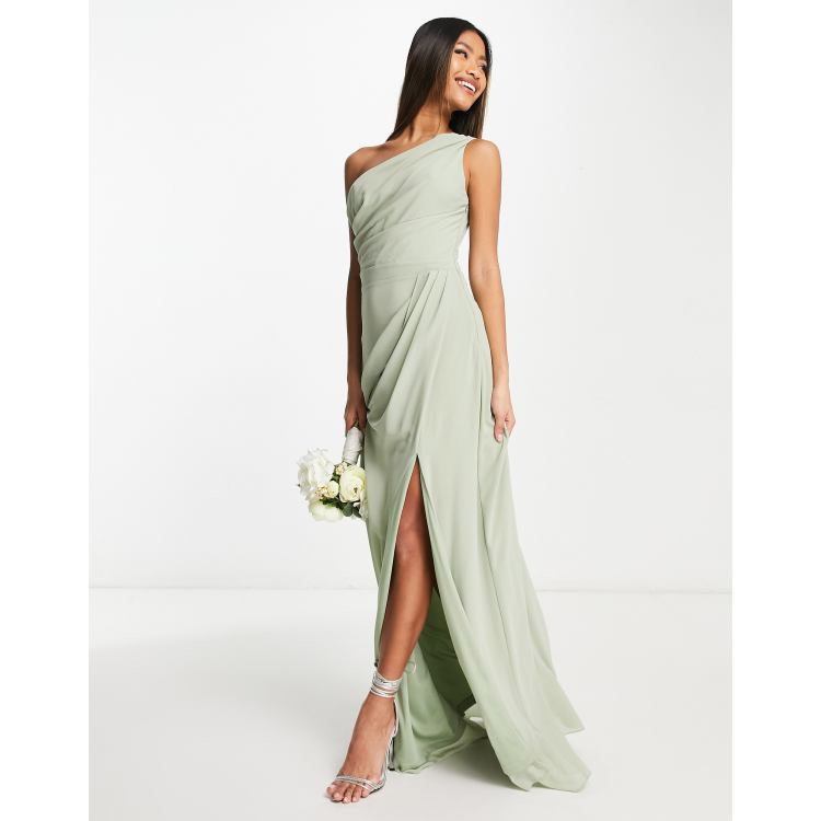 TFNC Bridesmaid chiffon one shoulder drape maxi dress in sage ASOS