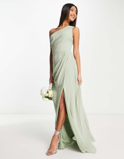 TFNC Bridesmaid chiffon one shoulder drape maxi dress in sage | ASOS