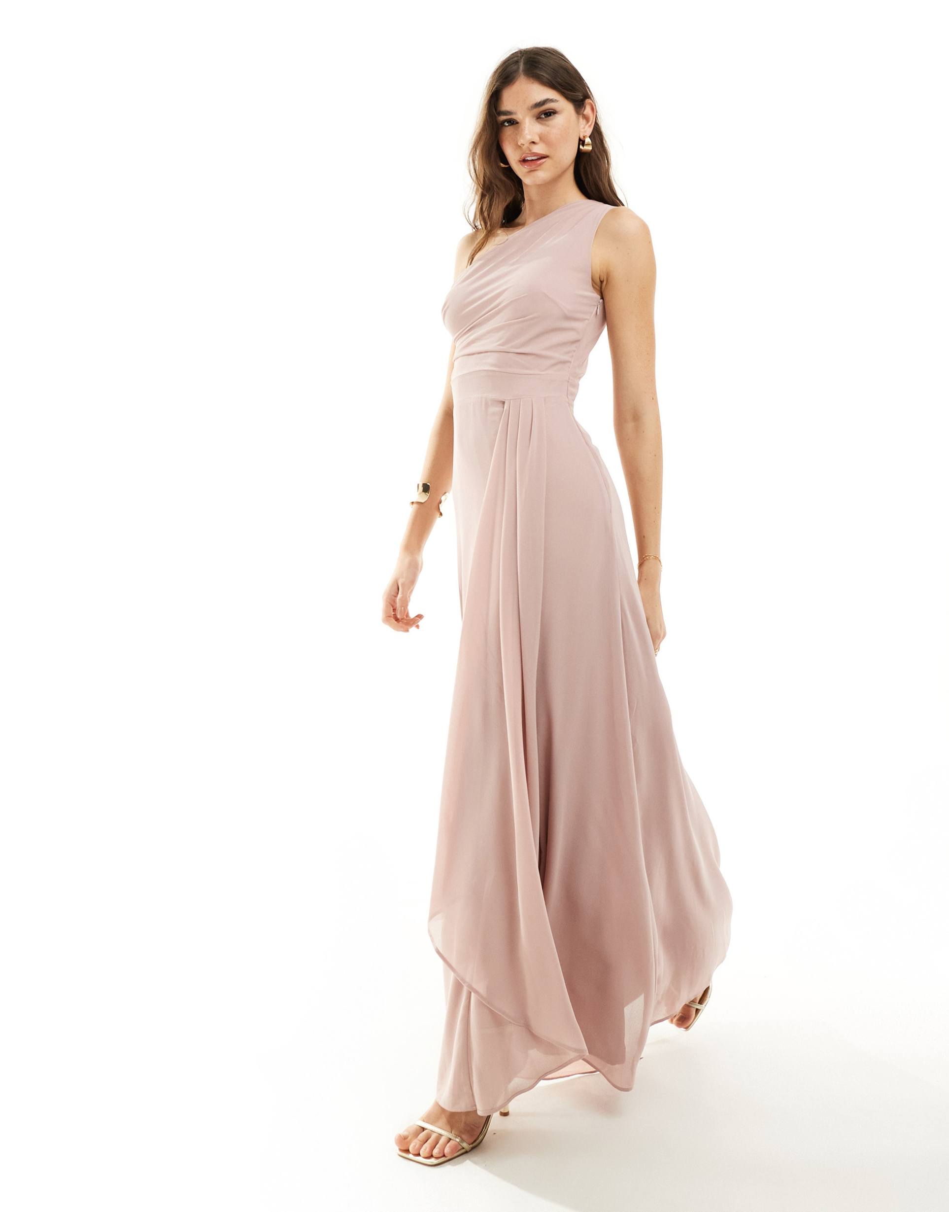 tfnc bridesmaid chiffon one-shoulder drape maxi dress in soft pink