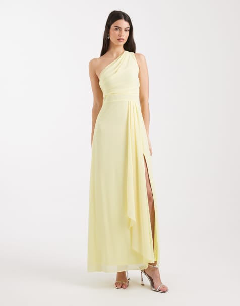 TFNC Bridesmaid chiffon one shoulder side split maxi dress in butter lemon - view 1