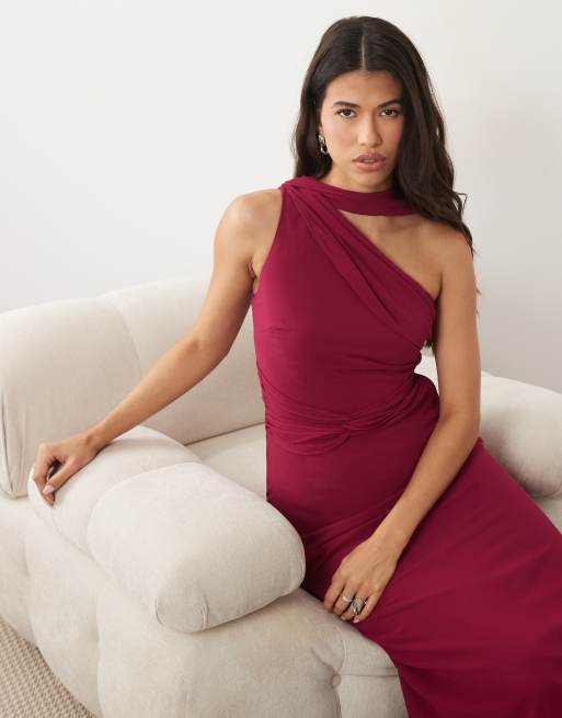 TFNC Bridesmaid chiffon one shoulder twist waist draped maxi dress in raspberry, 2 of 4