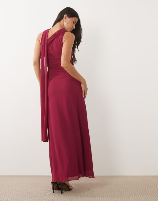 TFNC Bridesmaid chiffon one shoulder twist waist draped maxi dress in raspberry, 3 of 4