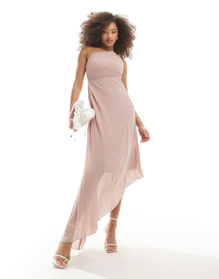 TFNC Bridesmaid chiffon pleated asymmetric maxi dress with gathered waist in soft pink