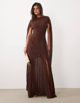 Tfnc Bridesmaid Chiffon Sheer Scarf Detail Maxi Dress With Sheer Skirt In Brown