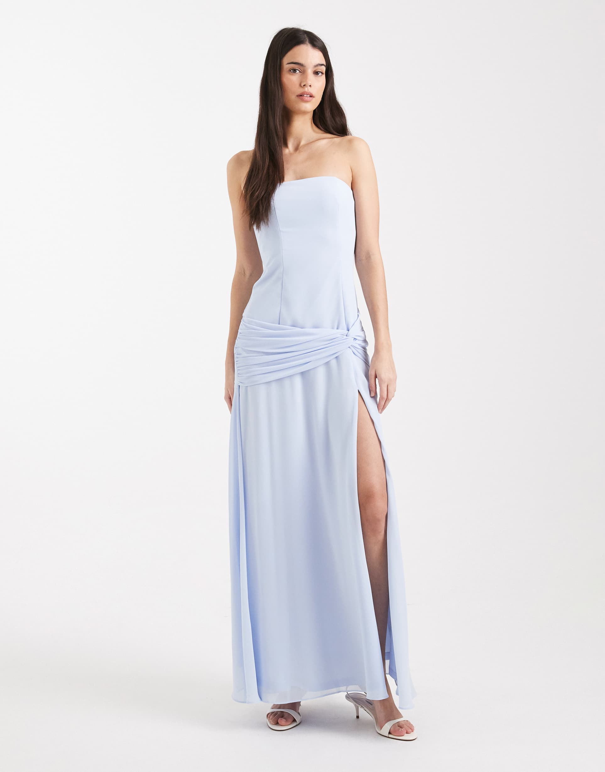 tfnc bridesmaid chiffon sleeveless drop waist twist detail thigh split maxi dress in blue