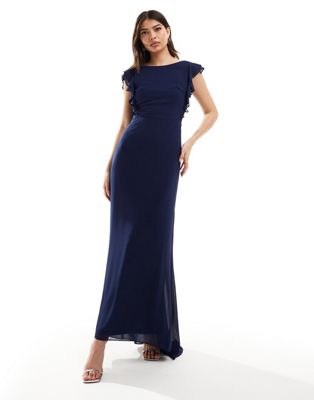 TFNC Bridesmaid chiffon twist back maxi dress with flutter sleeve in navy