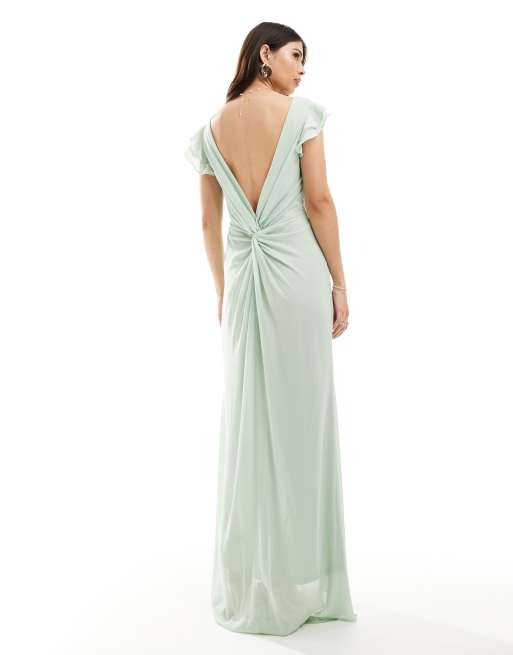 TFNC Bridesmaid chiffon twist back maxi dress with flutter sleeve in navy