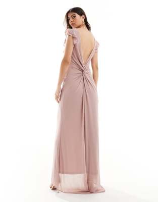 TFNC Bridesmaid chiffon twist back maxi dress with flutter sleeve in soft pink