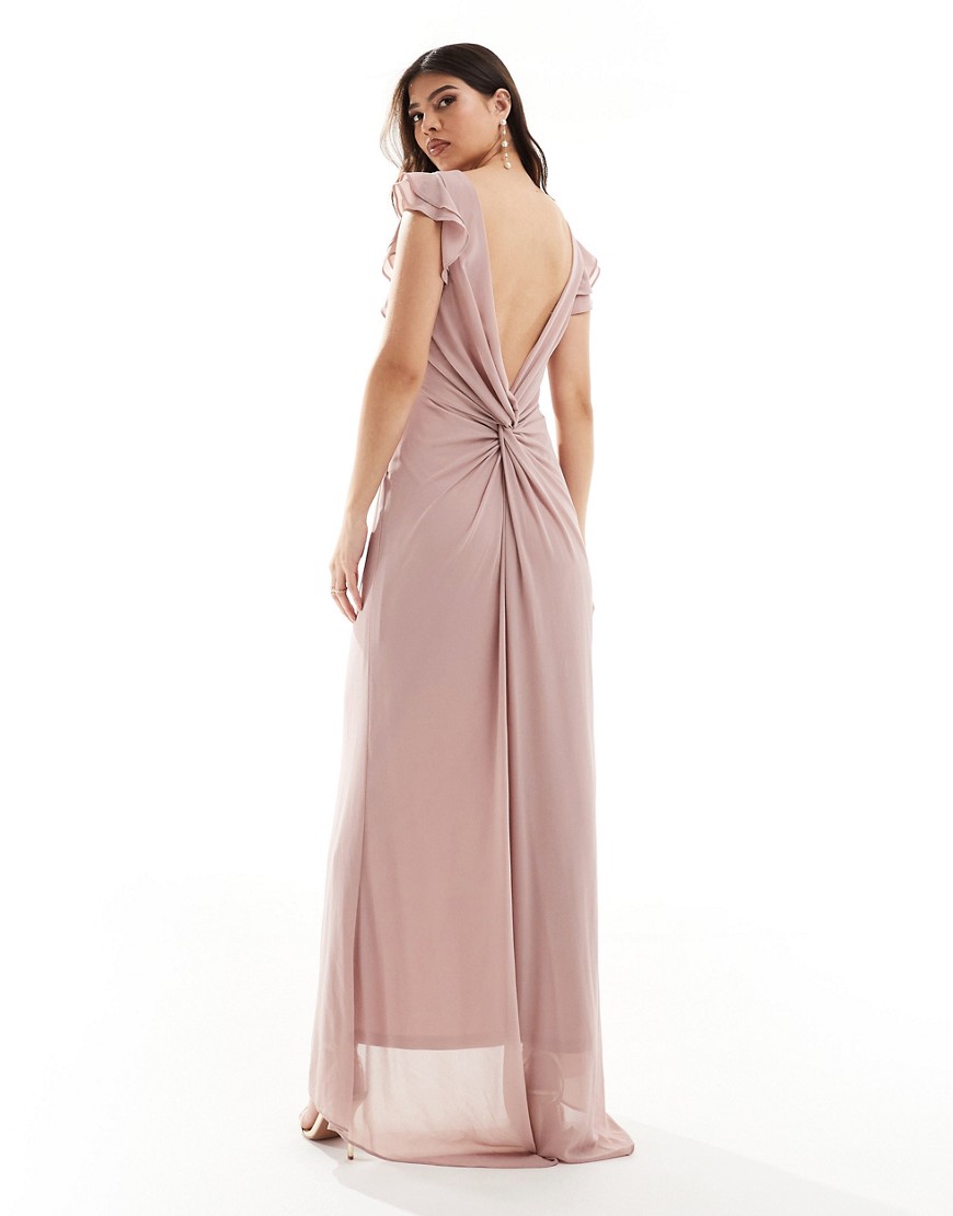 TFNC Bridesmaid chiffon twist back maxi dress with flutter sleeve in soft pink