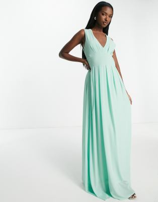 TFNC bridesmaid chiffon v front maxi dress with pleated skirt fresh sage-green