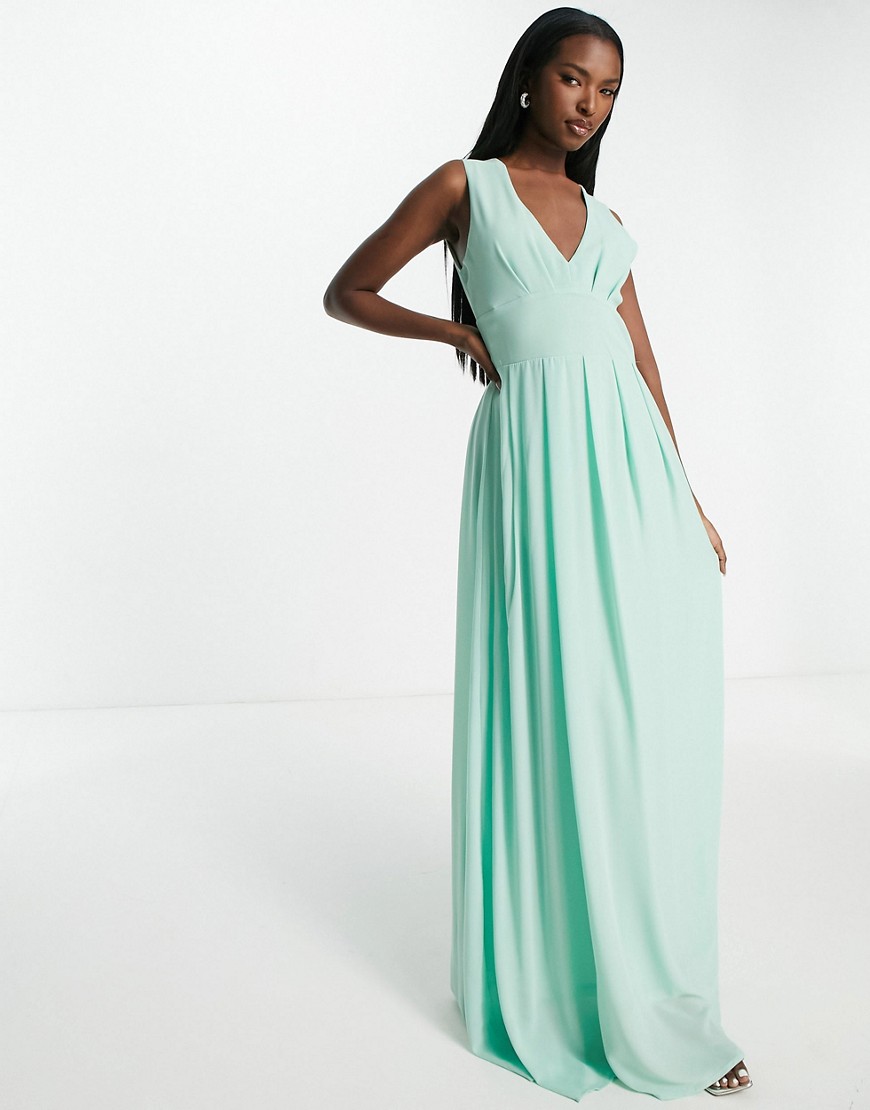 TFNC Bridesmaid chiffon v front maxi dress with pleated skirt fresh sage-Green