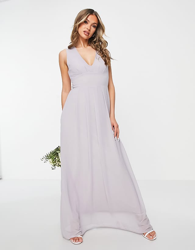 TFNC Bridesmaid chiffon v front maxi dress with pleated skirt in grey | ASOS