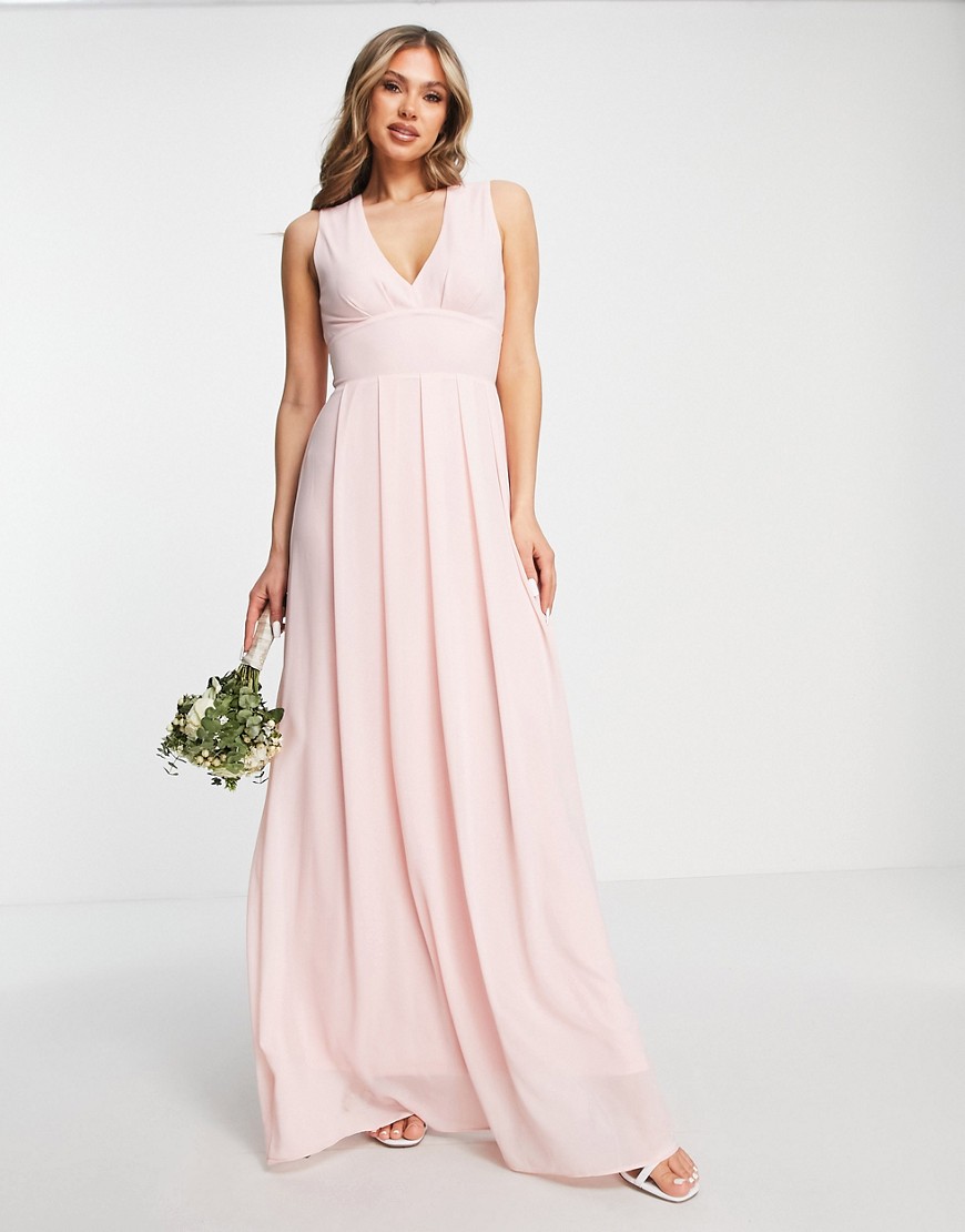 TFNC Bridesmaid chiffon v front maxi dress with pleated skirt in whisper pink