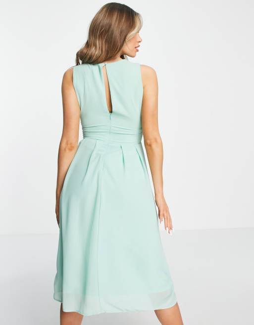 TFNC Bridesmaid chiffon V-front midi dress with pleated skirt in fresh sage