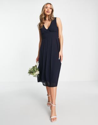 TFNC Bridesmaid chiffon v front midi dress with pleated skirt in navy ...