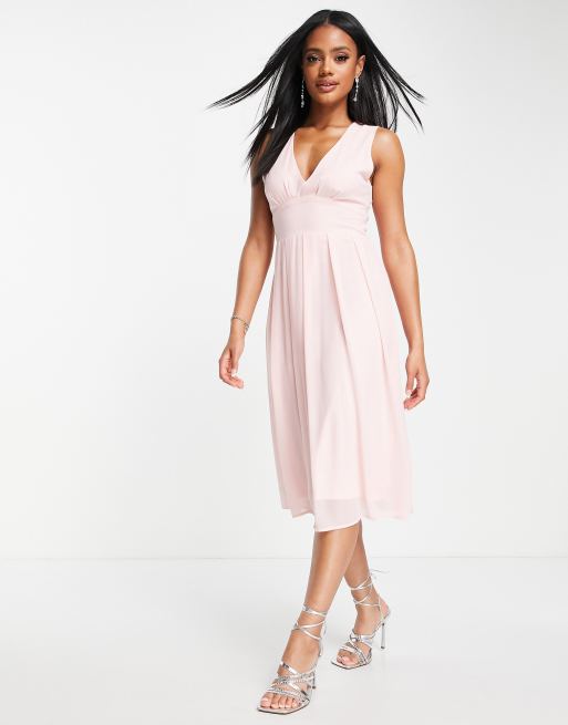 TFNC Bridesmaid chiffon v front midi dress with pleated skirt in