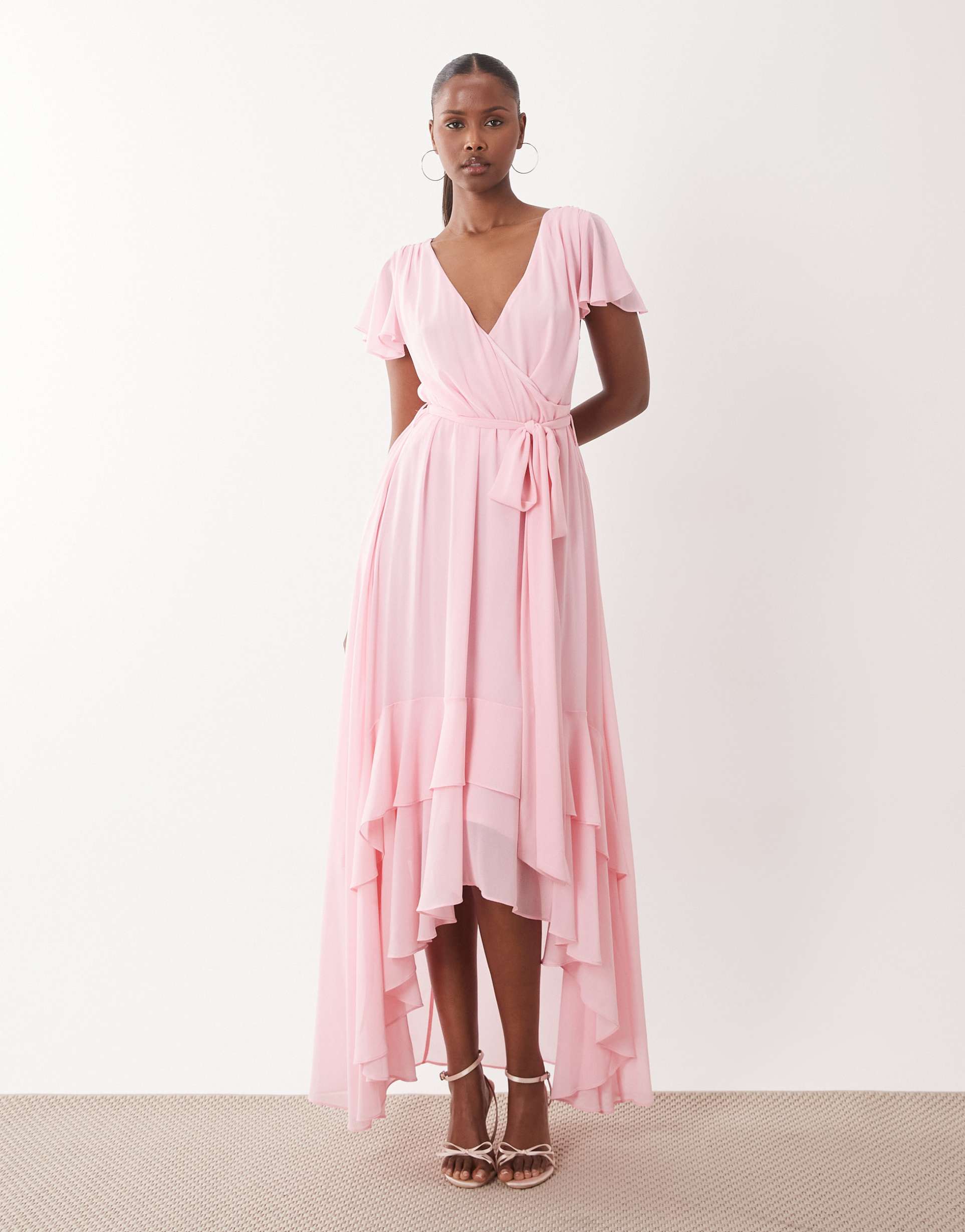 tfnc bridesmaid chiffon v neck tie detail asymmetric hem maxi dress in baby pink
