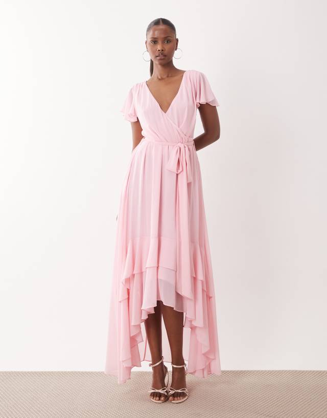 asymmetrical chiffon bridesmaid dresses TFNC v neck tie detail asymmetric hem maxi dress in baby pink WornOnTV: Hannah's black asymmetric tulle wedding dress lace applique Size:3-6 Month Your dearest supporting friends
