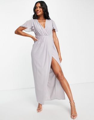 TFNC Bridesmaid chiffon wrap front maxi dress with flutter sleeve in grey