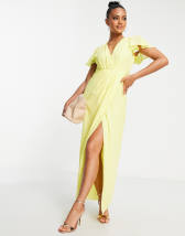 Flounce London Petite satin knotch wrap midi dress in yellow