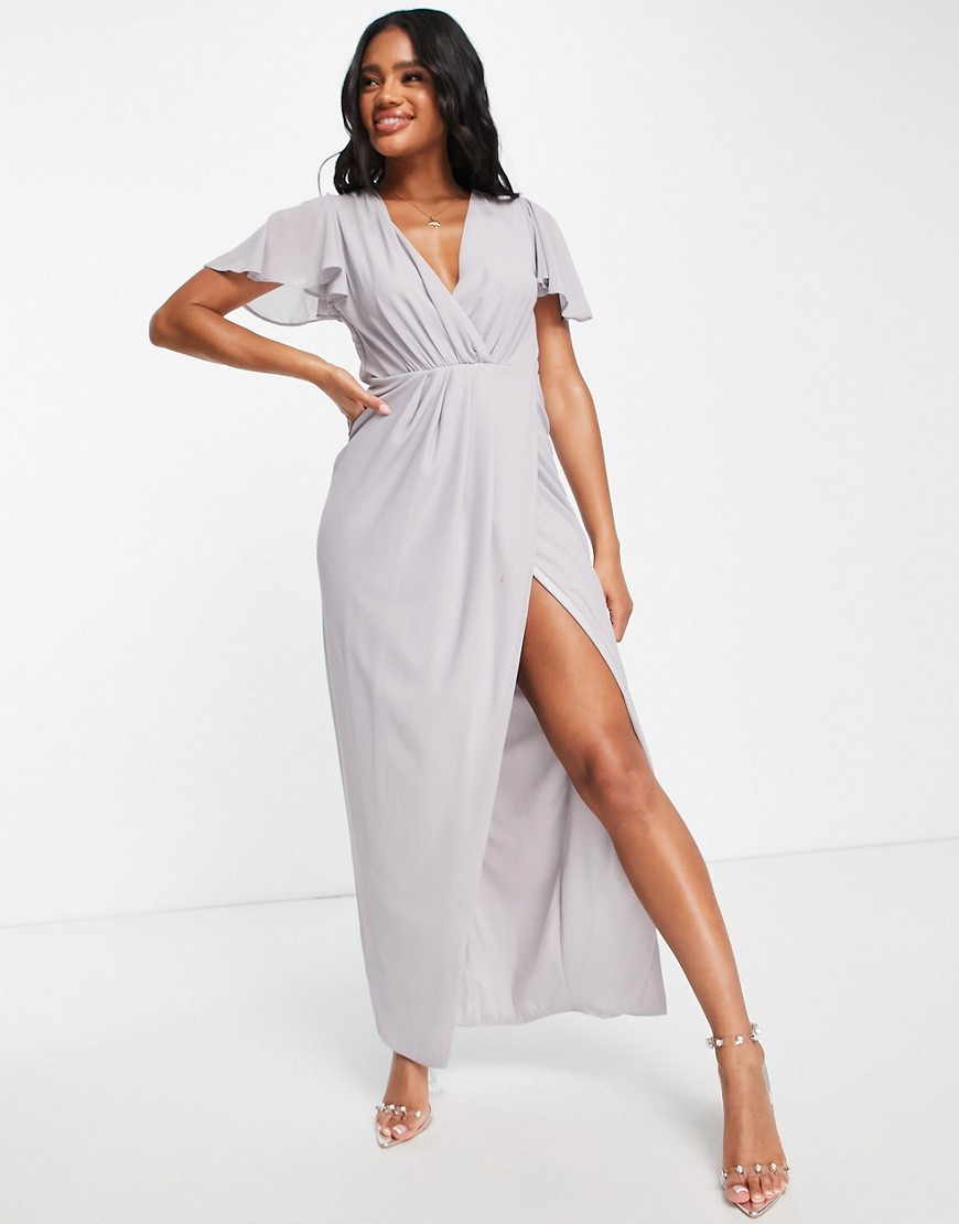 TFNC Bridesmaid chiffon wrap front maxi dress with flutter sleeves in gray