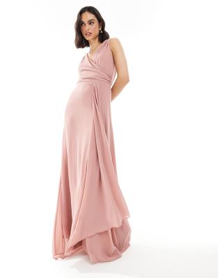 Bridesmaid chiffon wrap front maxi dress with wrap skirt in dusky pink