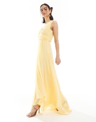 Bridesmaid chiffon wrap front maxi dress with wrap skirt in lemon-Yellow