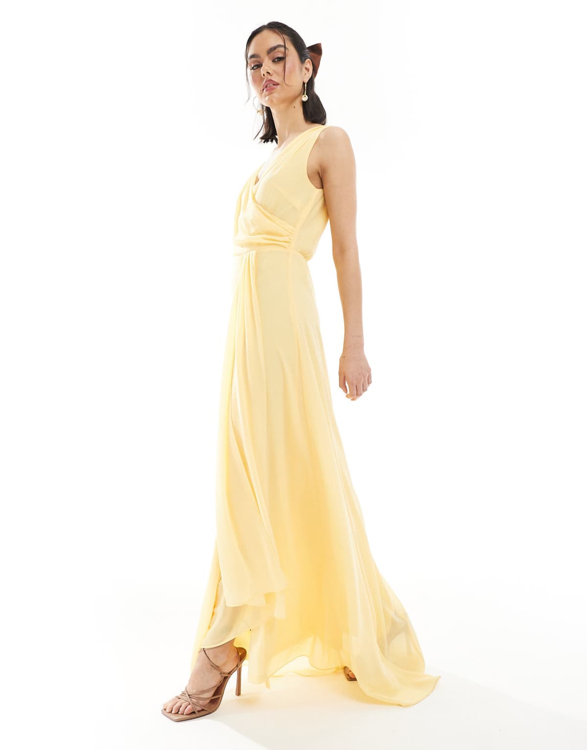 TFNC Bridesmaid chiffon wrap front maxi dress with wrap skirt in lemon