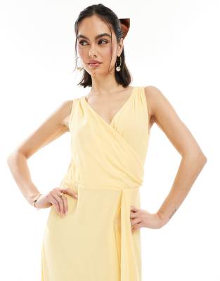 tfnc bridesmaid chiffon wrap front maxi dress with wrap skirt in lemon