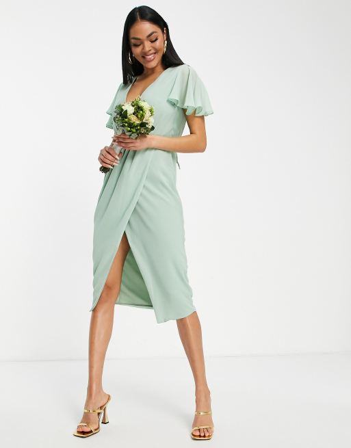 TFNC Bridesmaid chiffon wrap front midi dress with flutter sleeve in fresh  sage