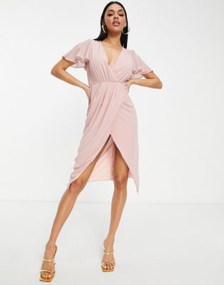 TFNC Bridesmaid chiffon wrap front midi dress with flutter sleeve in mauve-Pink