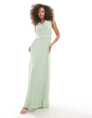 TFNC Bridesmaid chiffon wrap front pleated maxi dress in fresh mint-Green