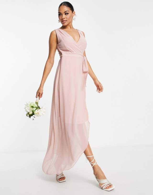 TFNC Bridesmaid chiffon wrap maxi dress in mauve