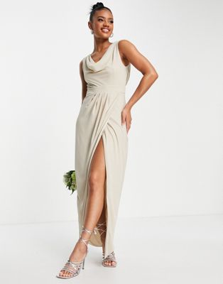 TFNC Bridesmaid chiffon wrap maxi dress with cowl neck front and back in mink