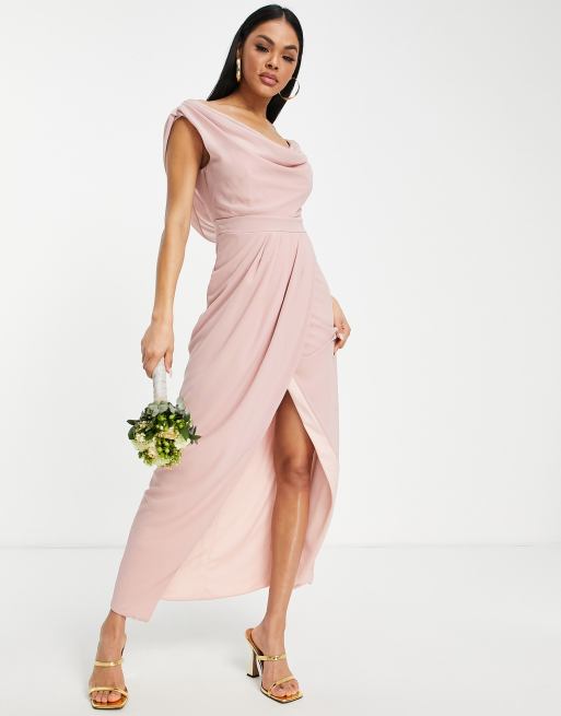 TFNC Bridesmaid chiffon wrap maxi dress with cowl neck front and back in mauve