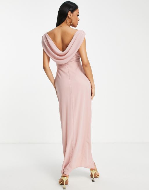 TFNC Bridesmaid chiffon wrap maxi dress with cowl neck front and back in mauve, 3 of 4