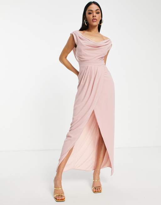 TFNC Bridesmaid chiffon wrap maxi dress with cowl neck front and back in mauve, 4 of 4
