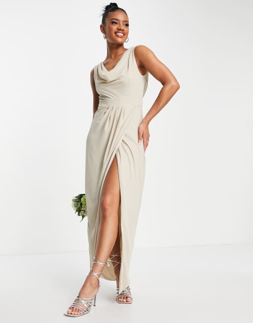 TFNC Bridesmaid chiffon wrap maxi dress with cowl neck front and back in mink