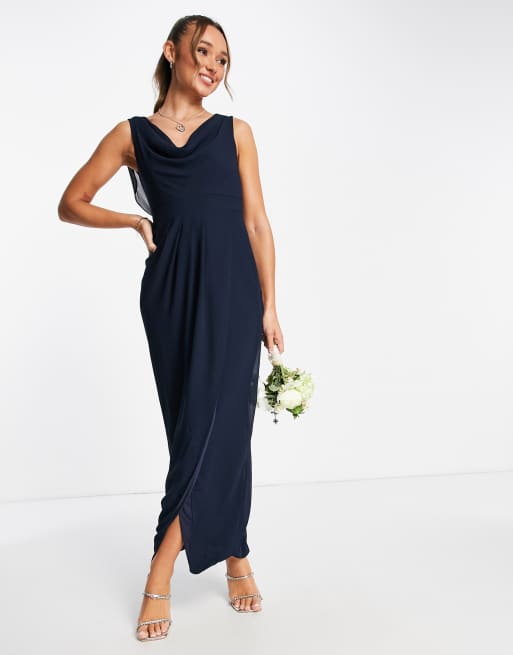 TFNC Bridesmaid chiffon wrap maxi dress with cowl neck front and back in  navy