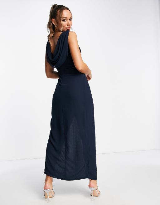 TFNC Bridesmaid chiffon wrap maxi dress with cowl neck front and back in  navy