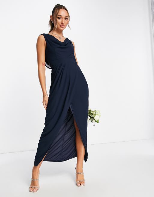 TFNC Bridesmaid chiffon wrap maxi dress with cowl neck front and back in  navy