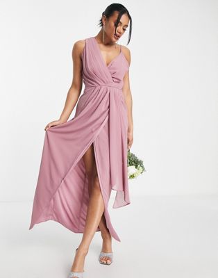TFNC Bridesmaid chiffon wrap maxi dress with hi low hem in lavender