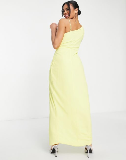 TFNC Bridesmaid chiffon wrap maxi dress with hi low hem in lemon yellow