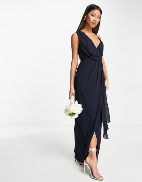 TFNC Bridesmaid chiffon wrap maxi dress with hi low hem in navy - view 1