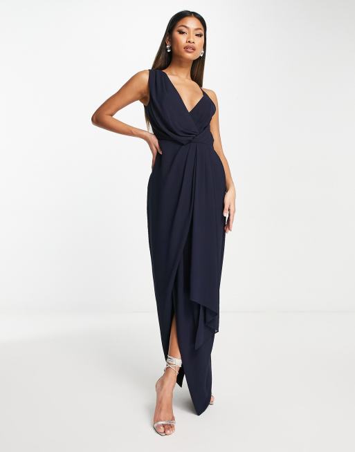 TFNC Bridesmaid chiffon wrap maxi dress with hi low hem in navy ASOS