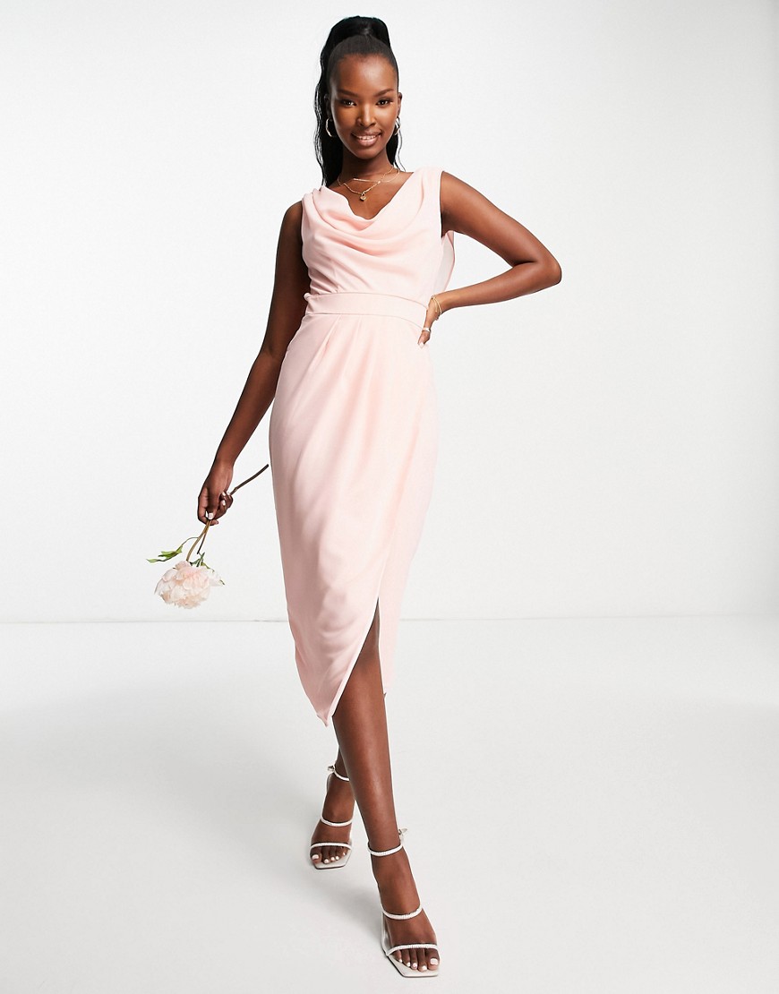 TFNC Bridesmaid chiffon wrap midi dress with cowl neck front and back in whisper pink