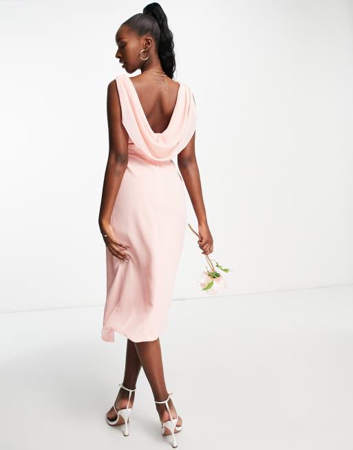 TFNC Bridesmaid chiffon wrap midi dress with cowl neck front and back in whisper pink