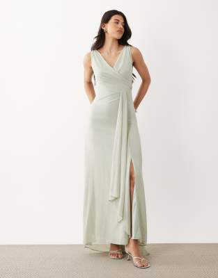 TFNC Bridesmaid chiffon wrap top draped maxi dress in sage green