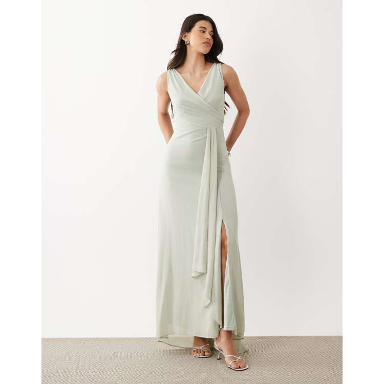 TFNC Bridesmaid chiffon wrap top draped maxi dress in sage green | ASOS