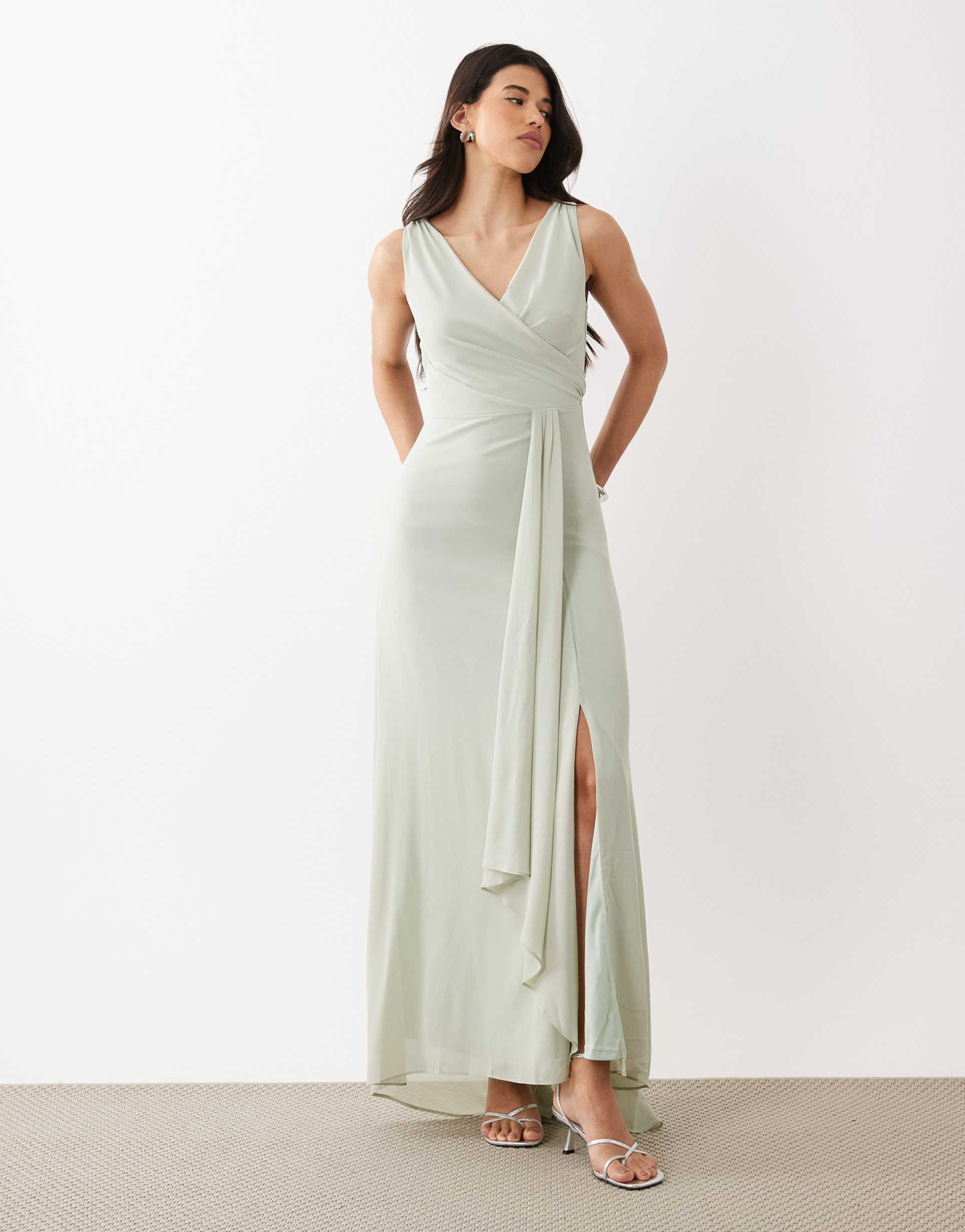 tfnc bridesmaid chiffon wrap top draped maxi dress in sage green